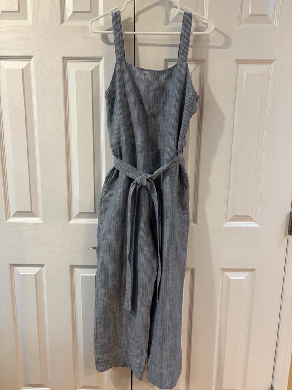 Everlane Blue/White Stripe Linen Side Button Cropped Jumpsuit Size 6